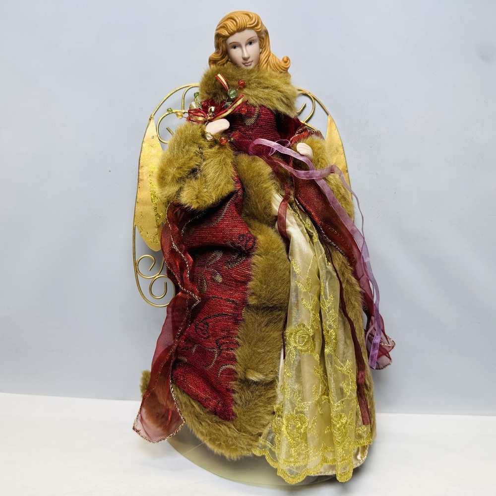 Victorian‎ Angel Porcelain Metal Wings Embroidered Fur Velvet Dress Gold Red Vtg